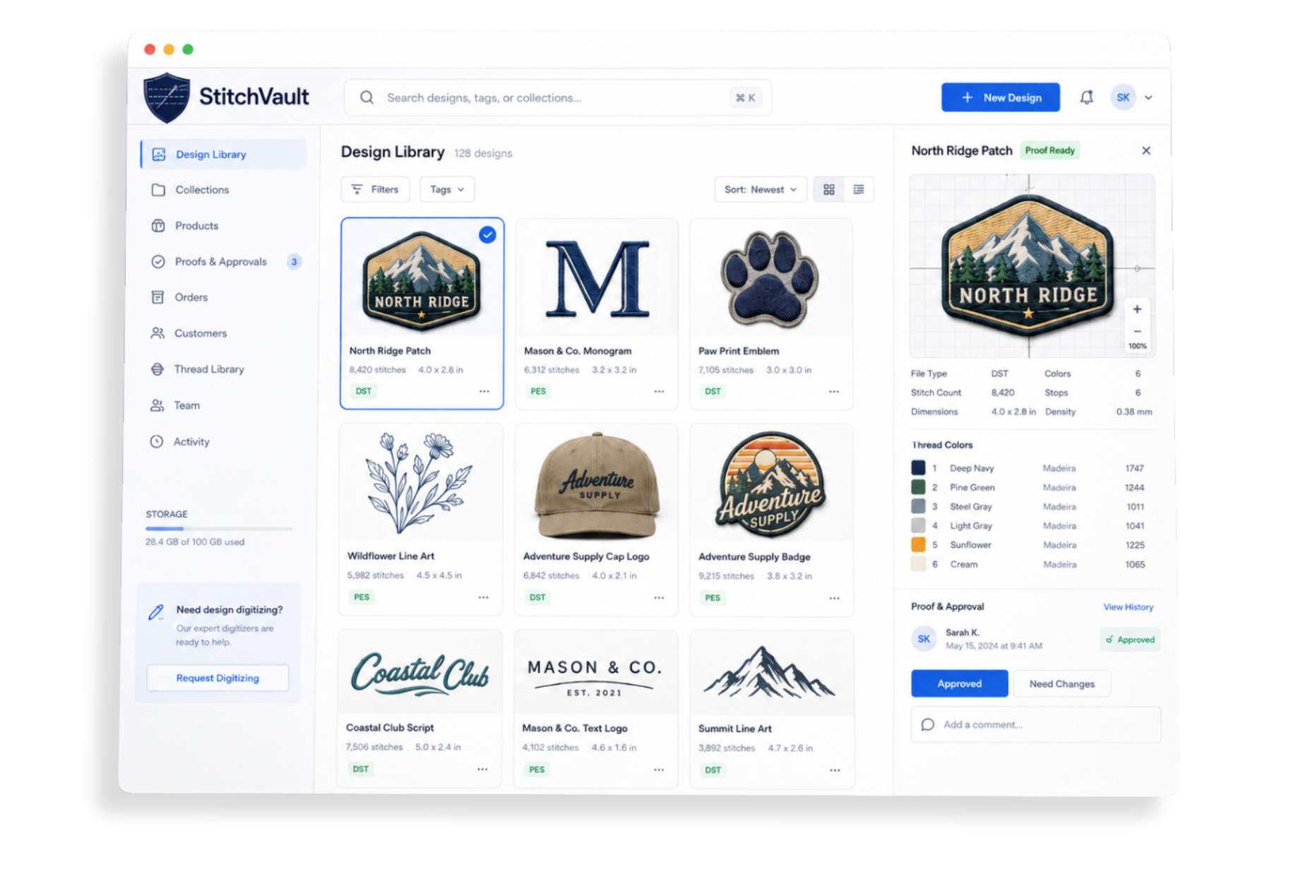 StitchVault embroidery design management dashboard