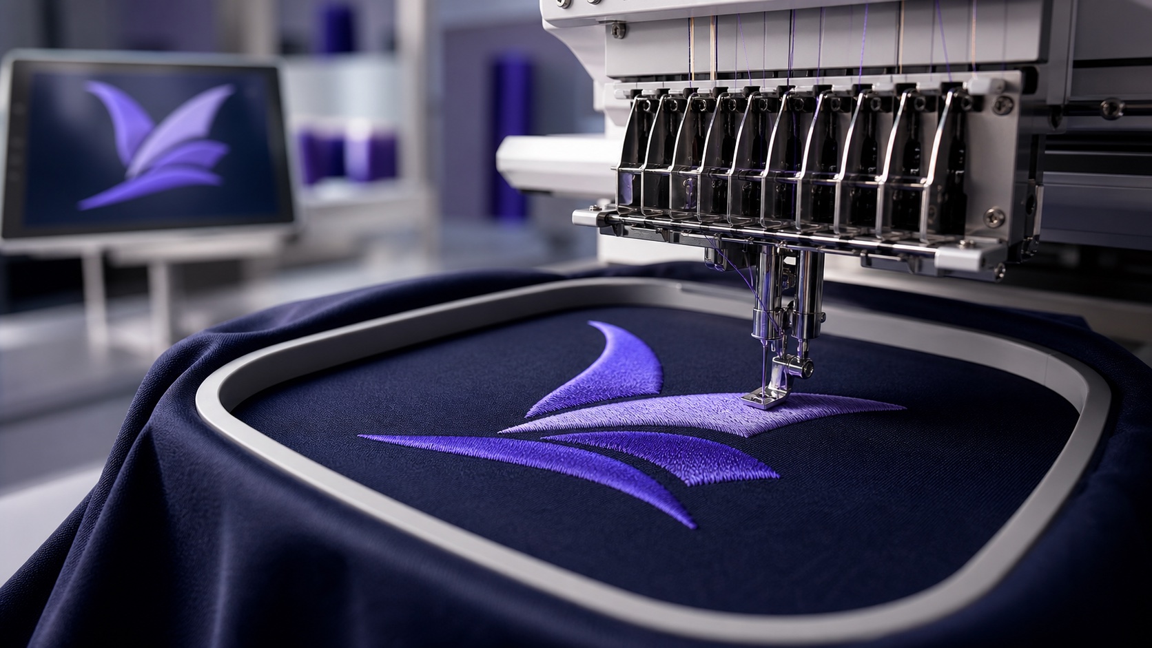 Commercial embroidery machine stitching a purple design into navy fabric
